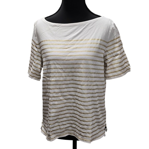 Lauren Ralph Lauren Petite White & Gold Striped Short Sleeve T-Shirt size PL‎ - Picture 1 of 3
